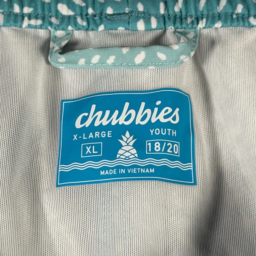 Chubbies Teal White Abstract Dot Swim Trunks Mesh Lined XL Youth 18/20